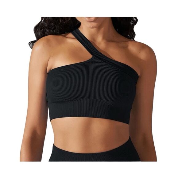 One Shoulder Athletic Top Black Ribbed Knit Medium Impact Stretch Pull-Over S - Picture 1 of 4